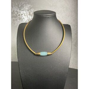 Vintage Bout Cou Brass & Blue Stone Necklace With Lobster Clasp